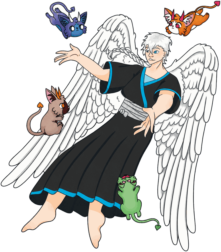 Druid City Anime Festival mascot &mdash; a winged character surrounded by little creatures